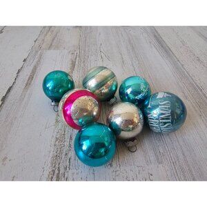 Vintage‎ shiny bright blue ball Mercury glass ornament set striped cherub Xmas